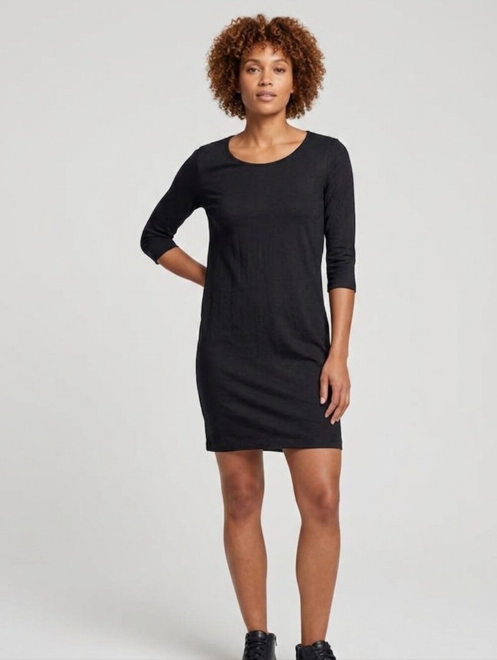 Sarah Pacini Black Linen Stretch Dress 3/4 Sleeves Size 2 Black